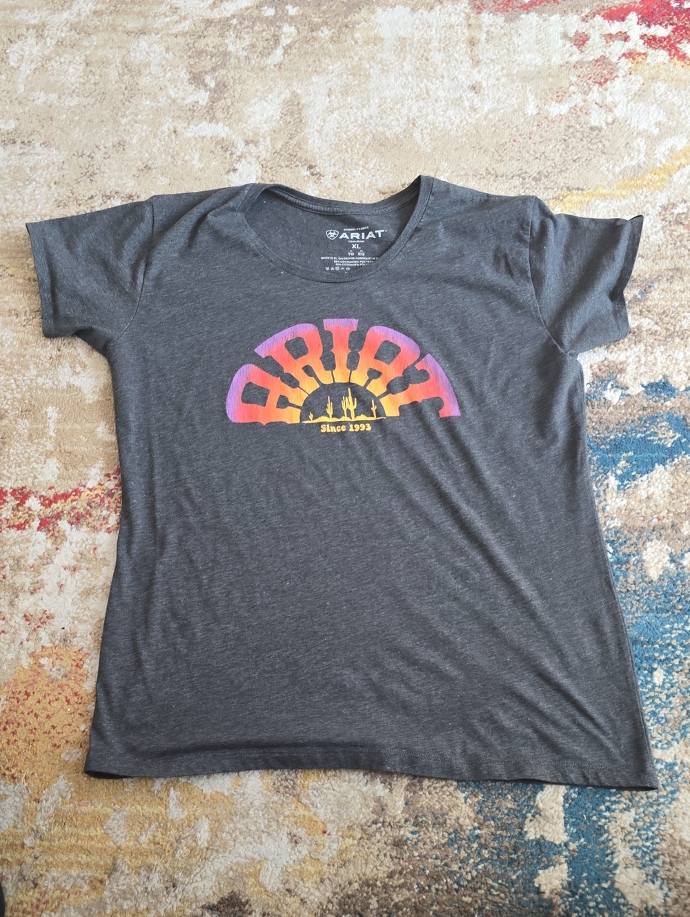 Ariat Charcoal Tee with Pink, Orange & Yellow Sunset Graphic